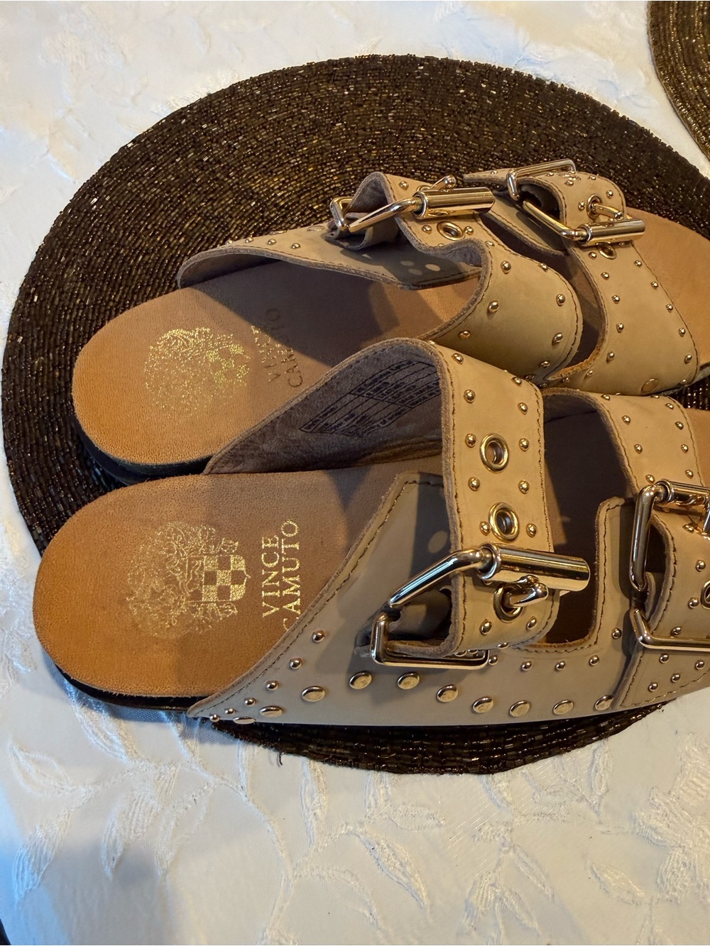 Vince Camuto Taupe Buckle Slide Sandals with Studs